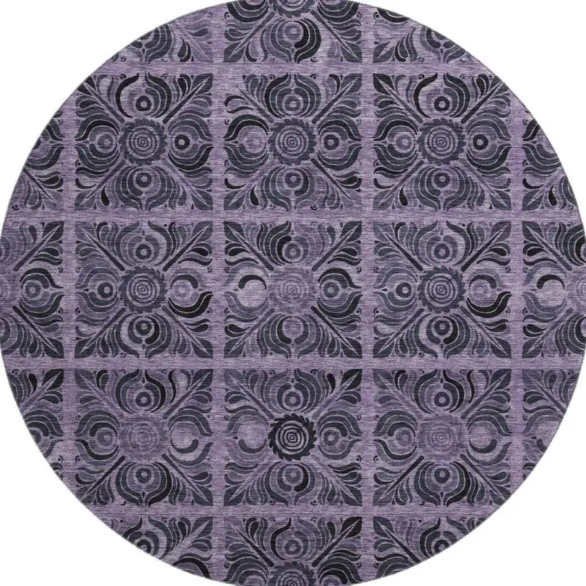 8' Purple And Charcoal Medallion Washable Round Rug With UV Protection Photo 4