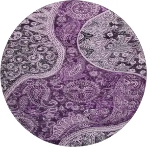 Photo of 8' Purple And Charcoal Paisley Washable Round Rug With UV Protection