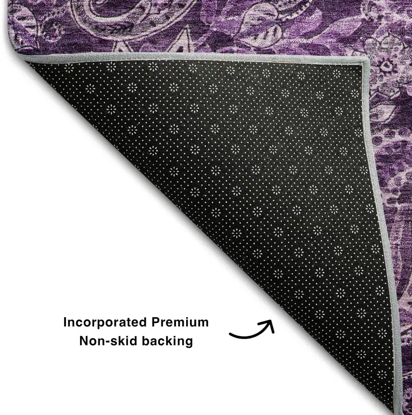 8' Purple And Charcoal Paisley Washable Round Rug With UV Protection Photo 5