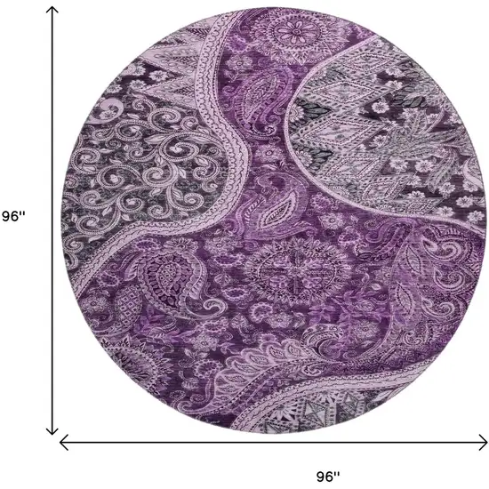 8' Purple And Charcoal Paisley Washable Round Rug With UV Protection Photo 9