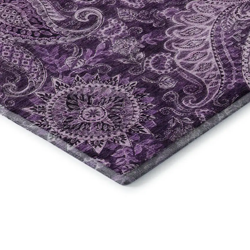 8' Purple And Charcoal Paisley Washable Round Rug With UV Protection Photo 6