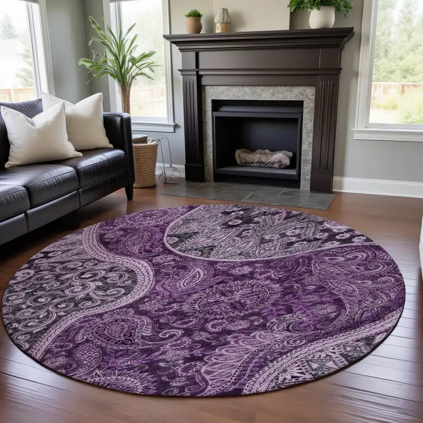 8' Purple And Charcoal Paisley Washable Round Rug With UV Protection Photo 4