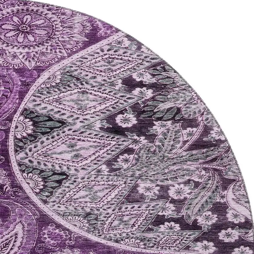 8' Purple And Charcoal Paisley Washable Round Rug With UV Protection Photo 3