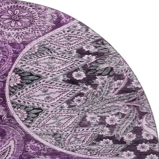 8' Purple And Charcoal Paisley Washable Round Rug With UV Protection Photo 3