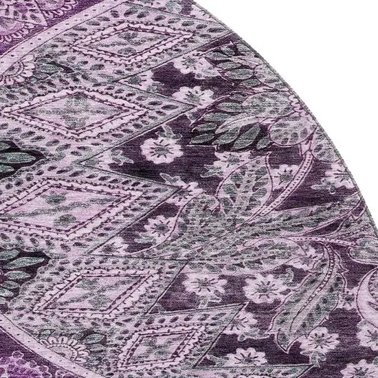 8' Purple And Charcoal Paisley Washable Round Rug With UV Protection Photo 2