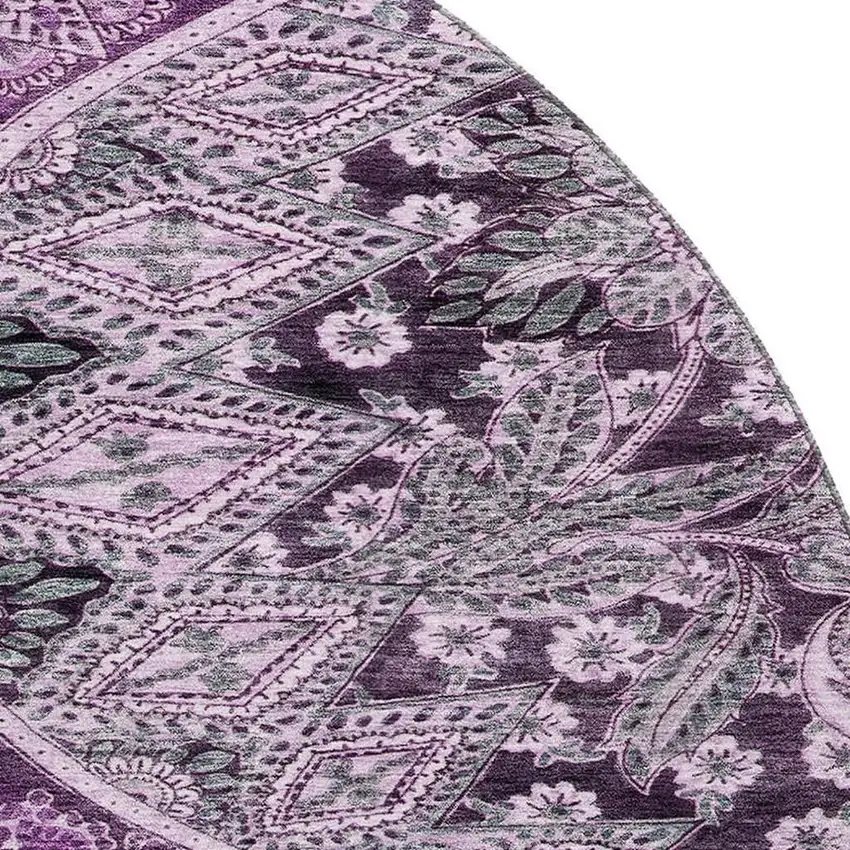 8' Purple And Charcoal Paisley Washable Round Rug With UV Protection Photo 2