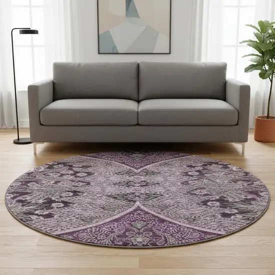 8' Purple And Charcoal Paisley Washable Round Rug With UV Protection Photo 2