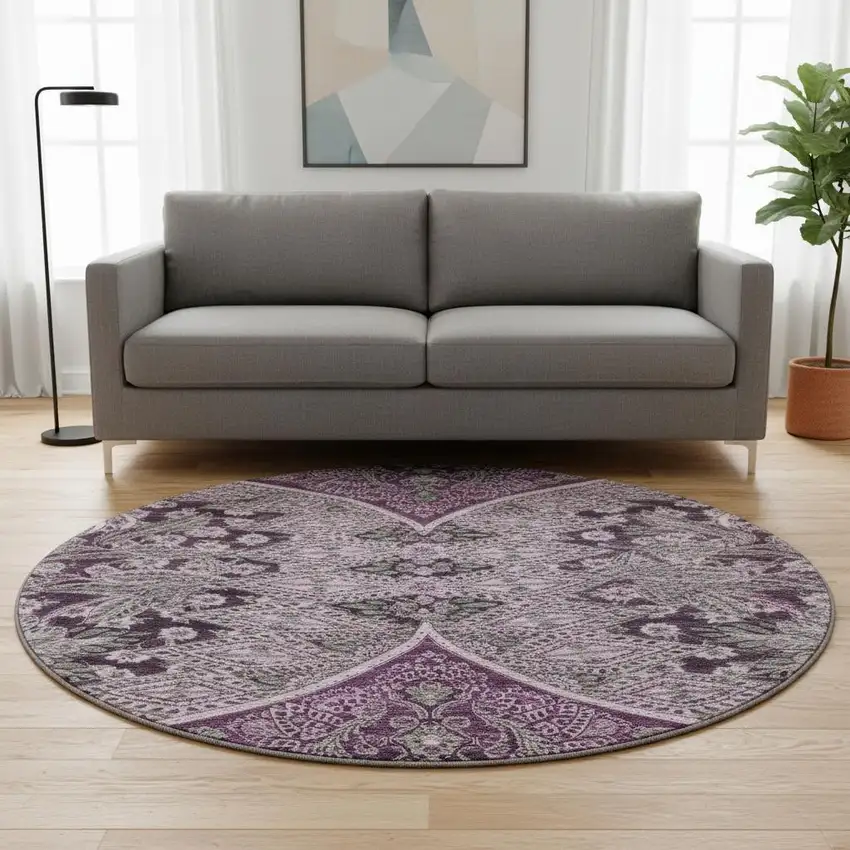 8' Purple And Charcoal Paisley Washable Round Rug With UV Protection Photo 2