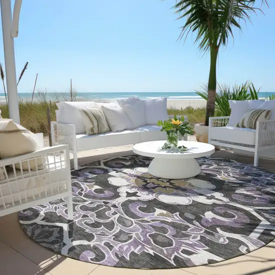 8' Purple And Charcoal Round Damask Washable Indoor Outdoor Area Rug Photo 5