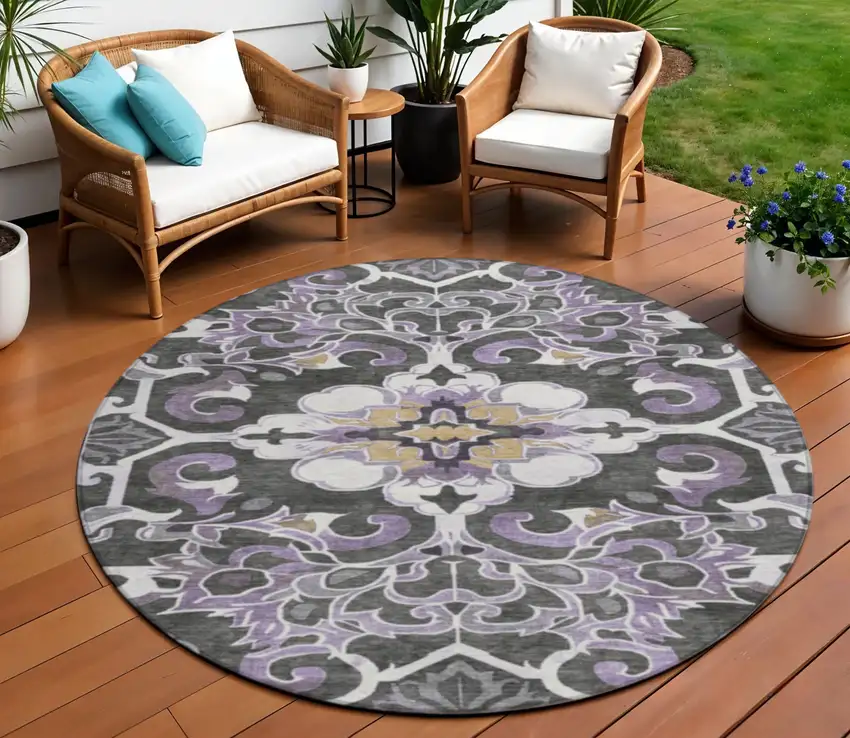 8' Purple And Charcoal Round Damask Washable Indoor Outdoor Area Rug Photo 2