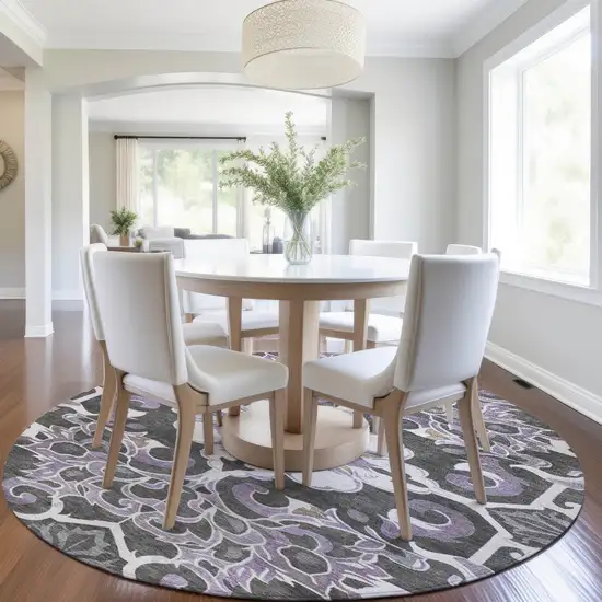8' Purple And Charcoal Round Damask Washable Indoor Outdoor Area Rug Photo 6