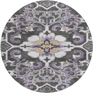 Photo of 8' Purple And Charcoal Round Damask Washable Indoor Outdoor Area Rug