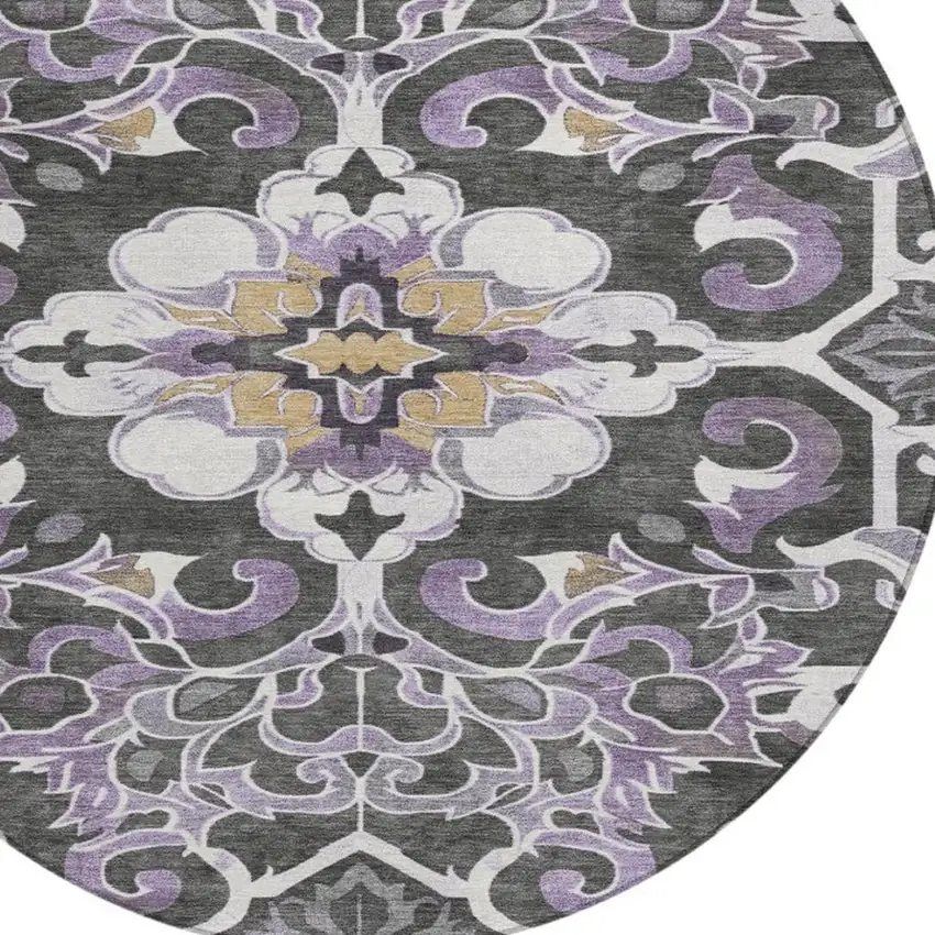 8' Purple And Charcoal Round Damask Washable Indoor Outdoor Area Rug Photo 8