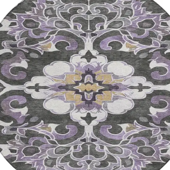 8' Purple And Charcoal Round Damask Washable Indoor Outdoor Area Rug Photo 4