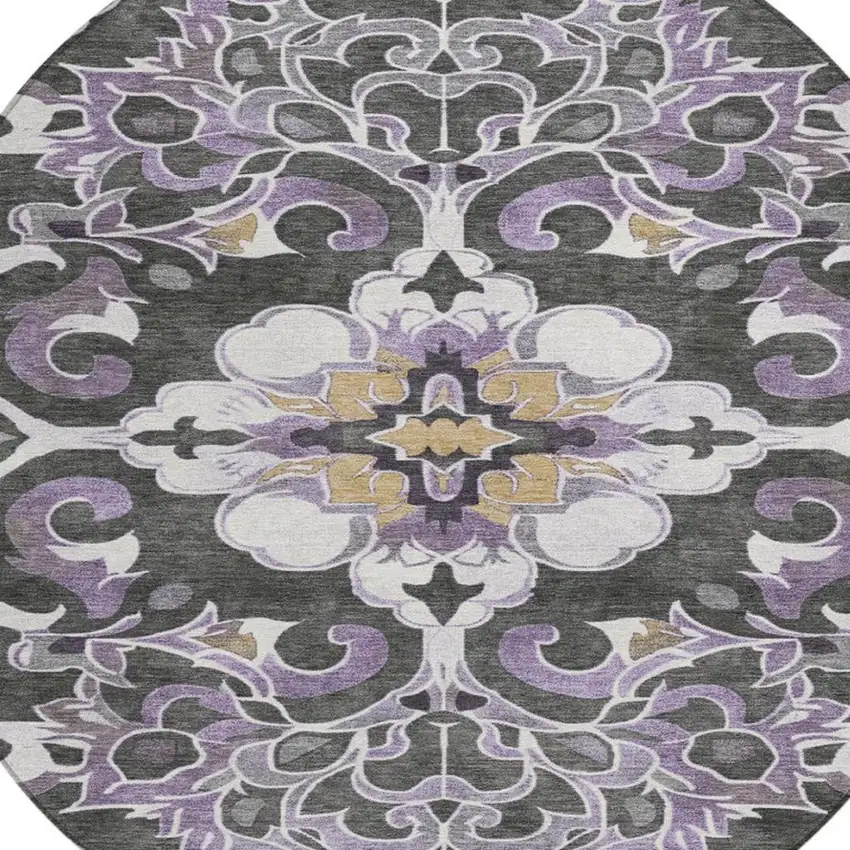 8' Purple And Charcoal Round Damask Washable Indoor Outdoor Area Rug Photo 4