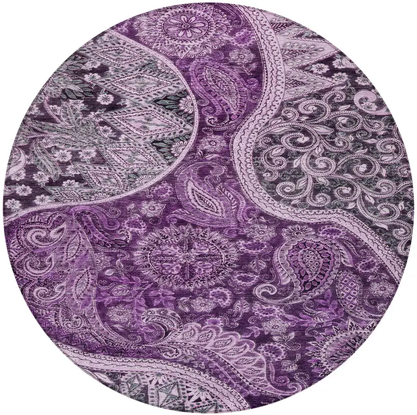 8' Purple And Charcoal Round Floral Medallion Washable Indoor Outdoor Area Rug Photo 6