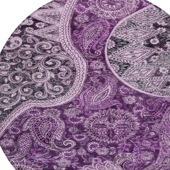 8' Purple And Charcoal Round Floral Medallion Washable Indoor Outdoor Area Rug Photo 5