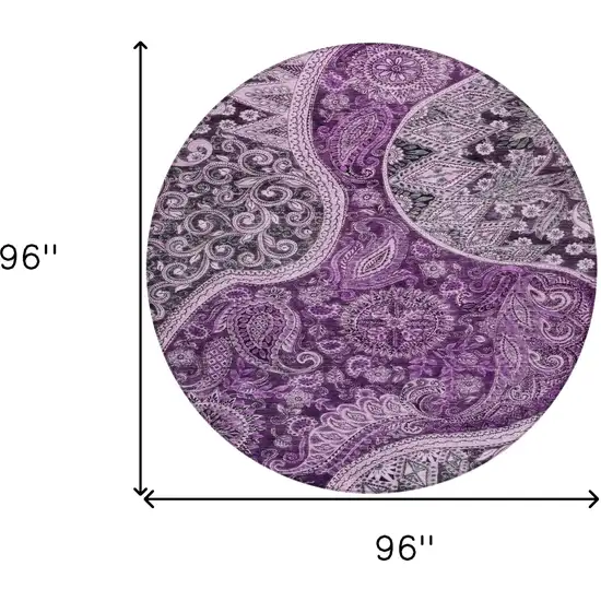 8' Purple And Charcoal Round Floral Medallion Washable Indoor Outdoor Area Rug Photo 9