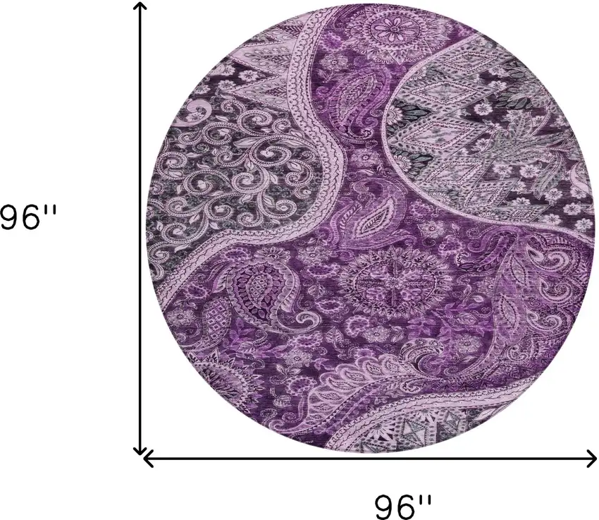 8' Purple And Charcoal Round Floral Medallion Washable Indoor Outdoor Area Rug Photo 9