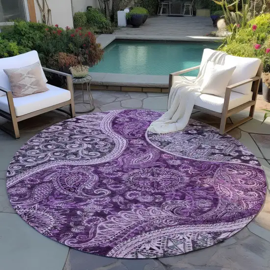 8' Purple And Charcoal Round Floral Medallion Washable Indoor Outdoor Area Rug Photo 7