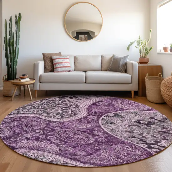 8' Purple And Charcoal Round Floral Medallion Washable Indoor Outdoor Area Rug Photo 8