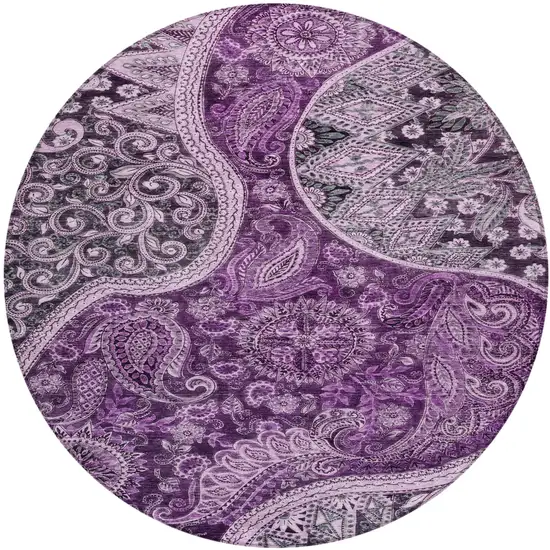 8' Purple And Charcoal Round Floral Medallion Washable Indoor Outdoor Area Rug Photo 2