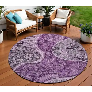 Photo of 8' Purple And Charcoal Round Floral Medallion Washable Indoor Outdoor Area Rug