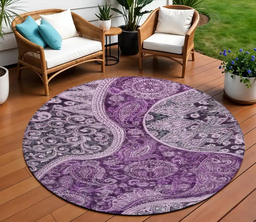 8' Purple And Charcoal Round Floral Medallion Washable Indoor Outdoor Area Rug Photo 1