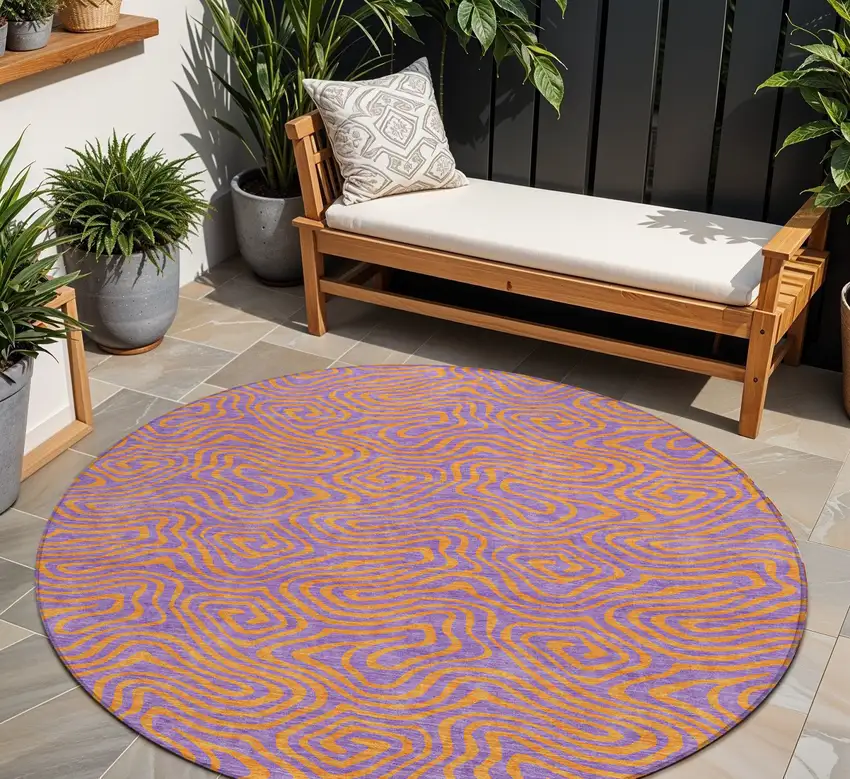 8' Purple And Copper Round Abstract Washable Indoor Outdoor Area Rug Photo 1