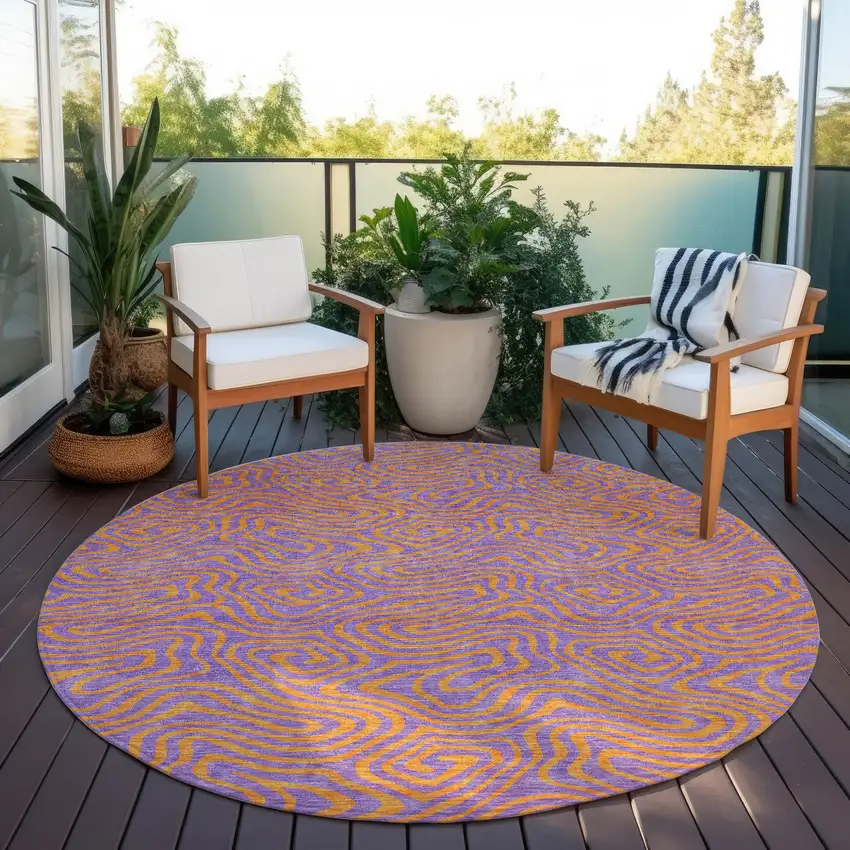 8' Purple And Copper Round Abstract Washable Indoor Outdoor Area Rug Photo 7