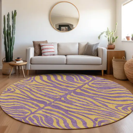 8' Purple And Copper Round Animal Print Washable Indoor Outdoor Area Rug Photo 8