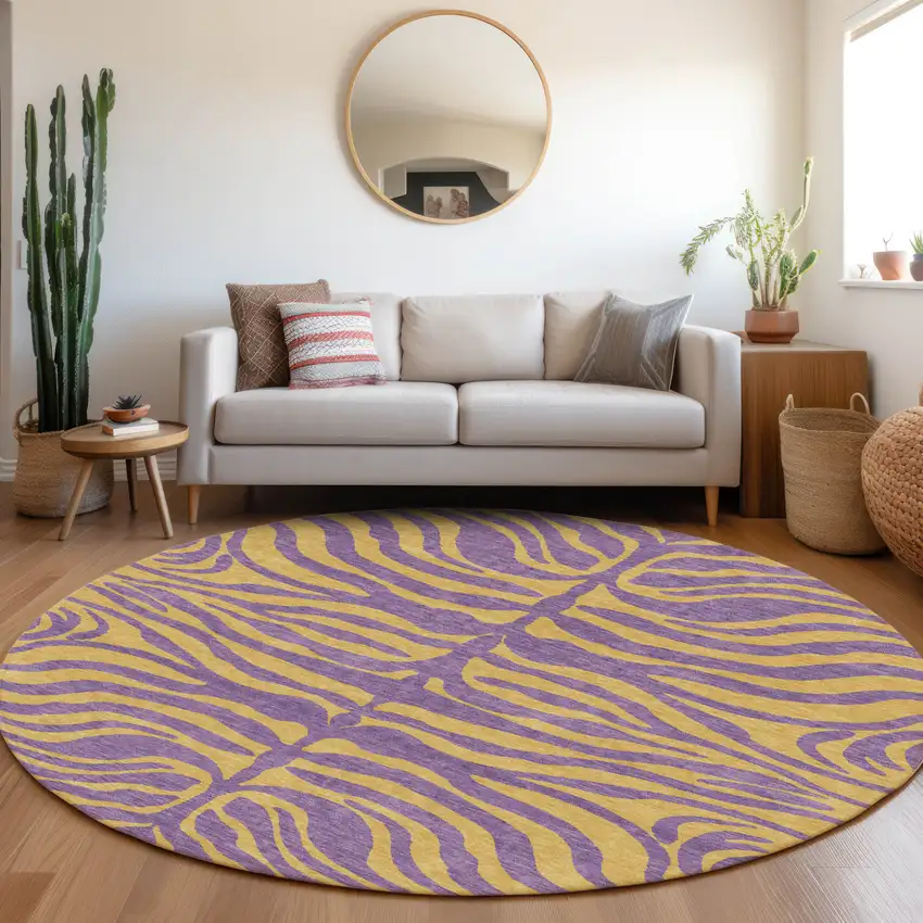 8' Purple And Copper Round Animal Print Washable Indoor Outdoor Area Rug Photo 8
