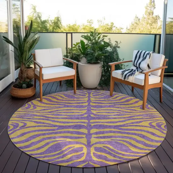 8' Purple And Copper Round Animal Print Washable Indoor Outdoor Area Rug Photo 7