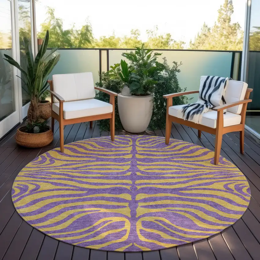 8' Purple And Copper Round Animal Print Washable Indoor Outdoor Area Rug Photo 7