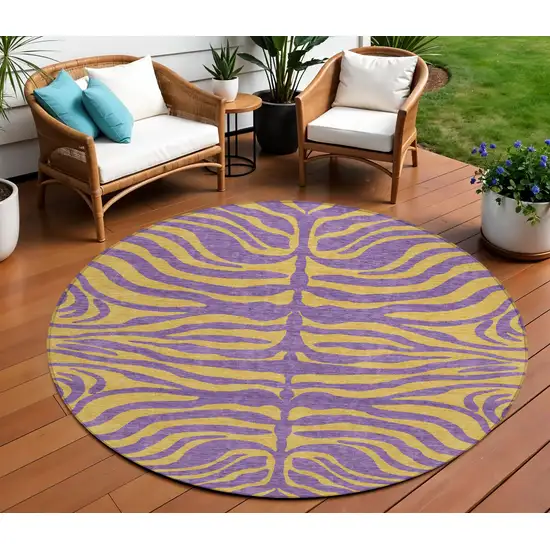 8' Purple And Copper Round Animal Print Washable Indoor Outdoor Area Rug Photo 1