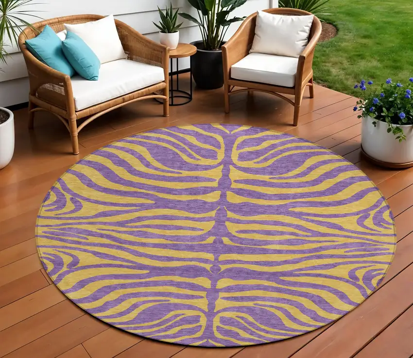 8' Purple And Copper Round Animal Print Washable Indoor Outdoor Area Rug Photo 1
