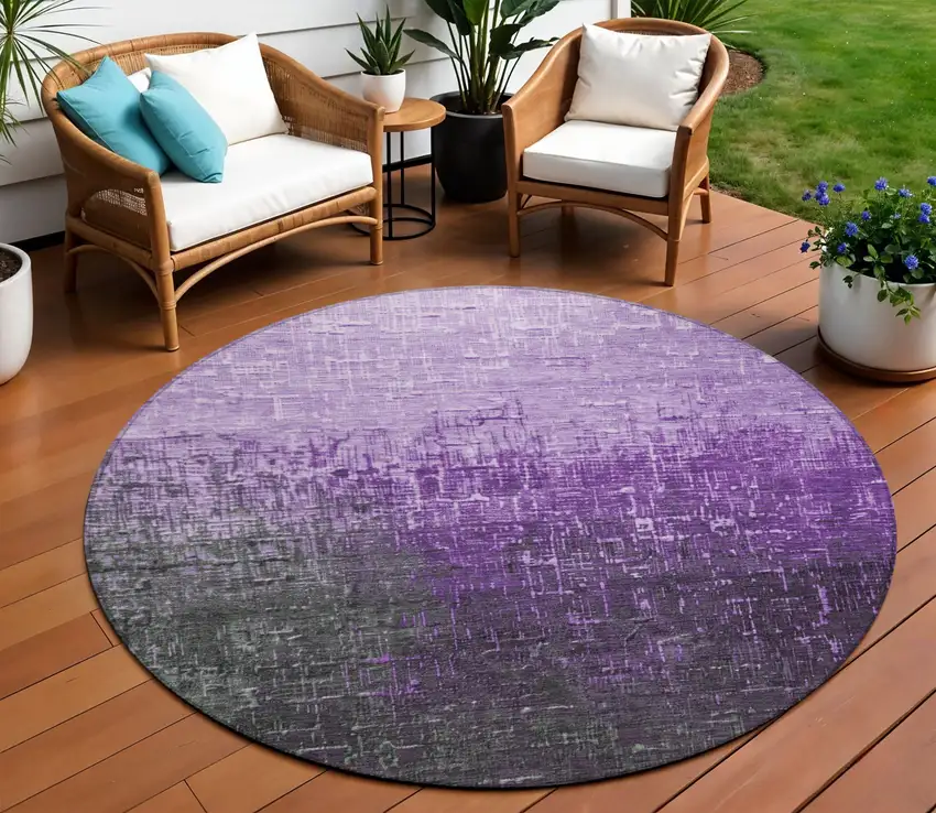 8' Purple And Dark Gray Round Ombre Washable Indoor Outdoor Area Rug Photo 1