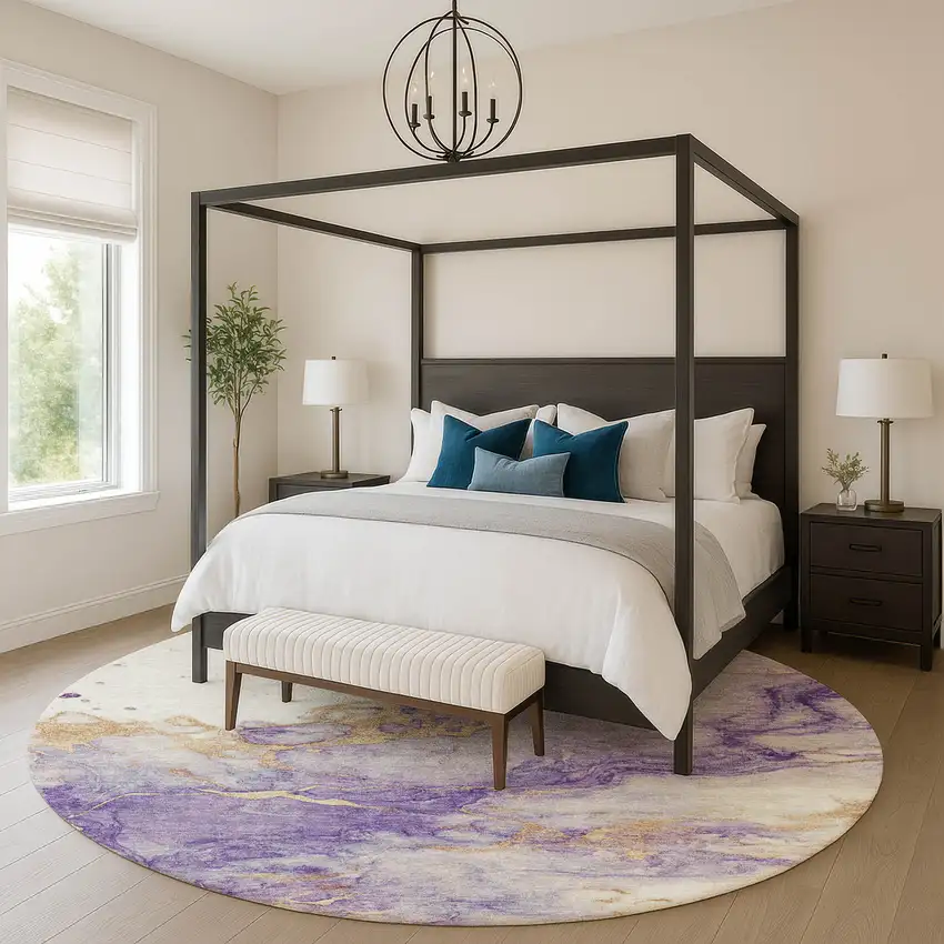 8' Purple And Gold Abstract Washable Round Rug With UV Protection Photo 5