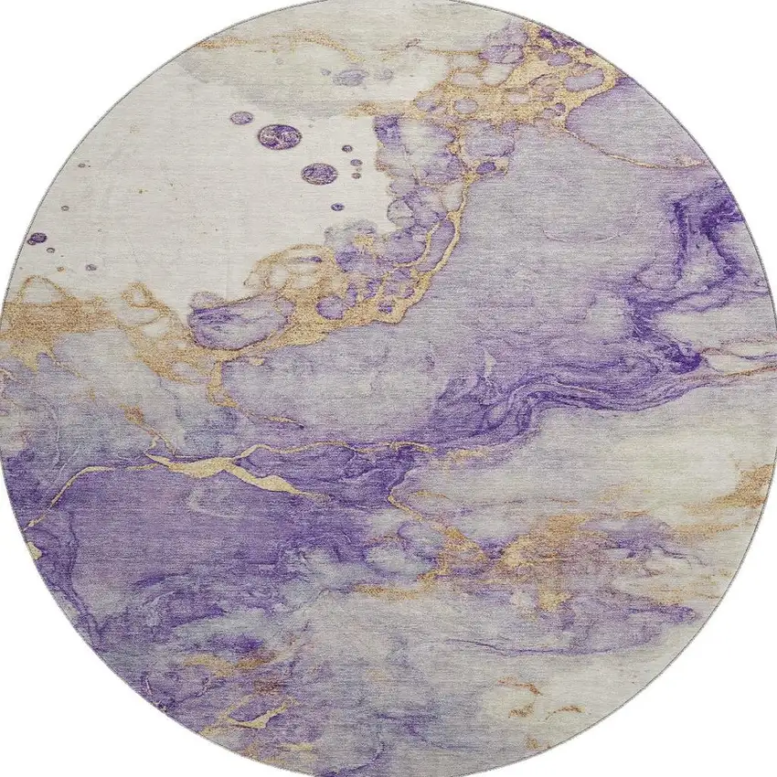 8' Purple And Gold Abstract Washable Round Rug With UV Protection Photo 3