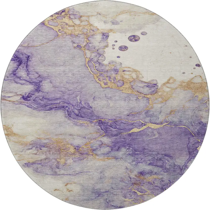 8' Purple And Gold Abstract Washable Round Rug With UV Protection Photo 4