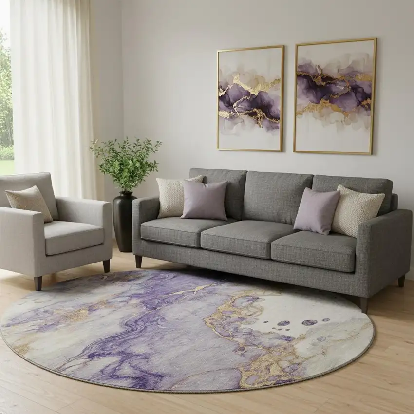 8' Purple And Gold Abstract Washable Round Rug With UV Protection Photo 2