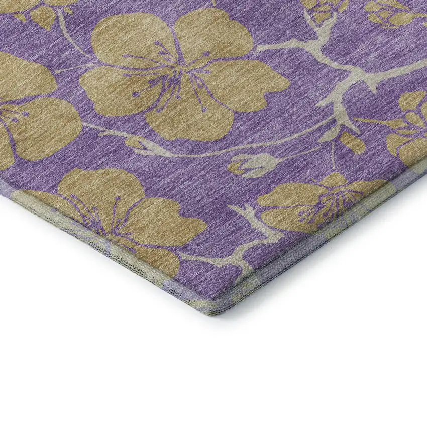 8' Purple And Gold Floral Washable Round Rug With UV Protection Photo 6