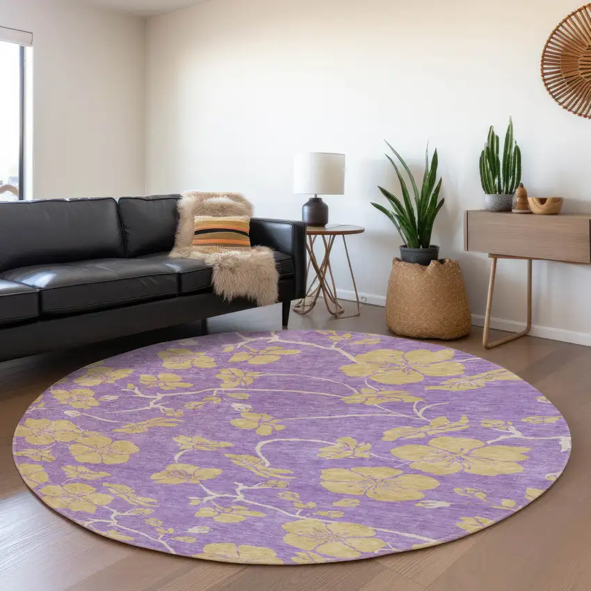 8' Purple And Gold Floral Washable Round Rug With UV Protection Photo 4