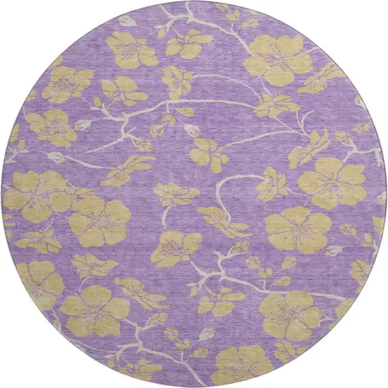 8' Purple And Gold Floral Washable Round Rug With UV Protection Photo 1