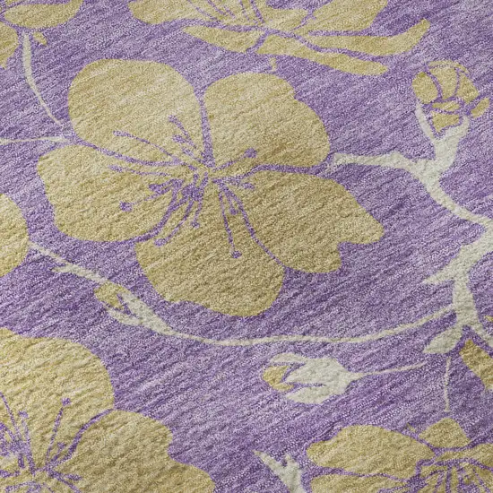 8' Purple And Gold Floral Washable Round Rug With UV Protection Photo 8
