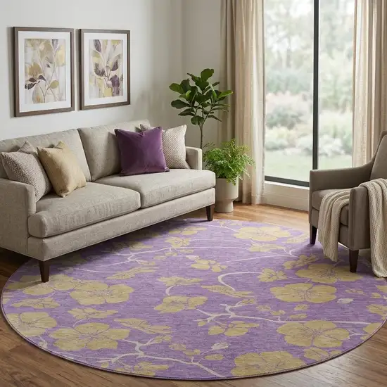 8' Purple And Gold Floral Washable Round Rug With UV Protection Photo 1