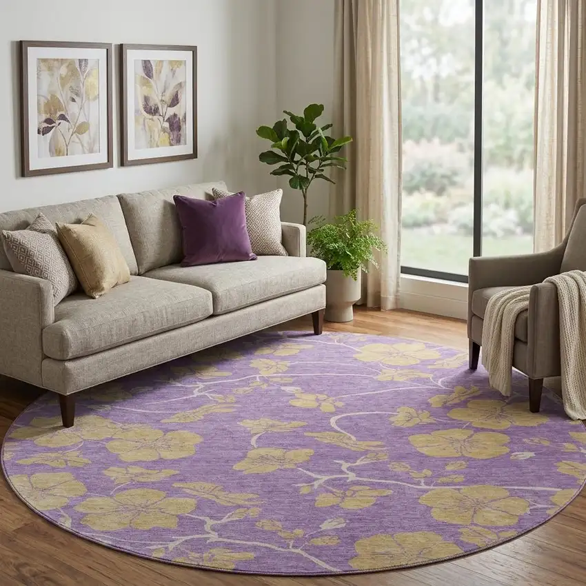 8' Purple And Gold Floral Washable Round Rug With UV Protection Photo 1