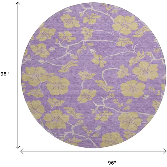 8' Purple And Gold Floral Washable Round Rug With UV Protection Photo 9