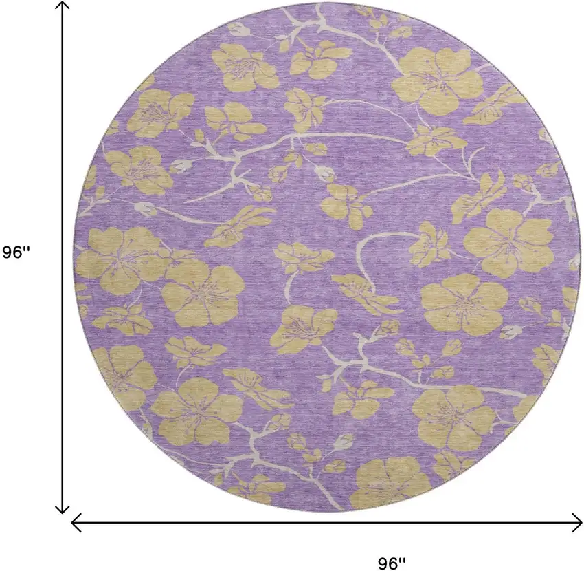 8' Purple And Gold Floral Washable Round Rug With UV Protection Photo 9
