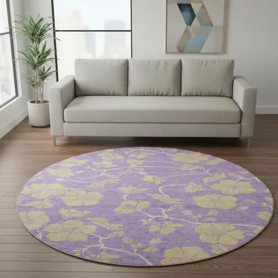 8' Purple And Gold Floral Washable Round Rug With UV Protection Photo 2